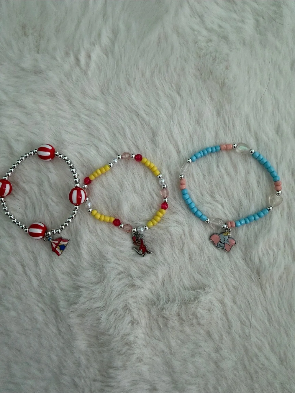 Beaded Dumbo Charm Bracelet Trio - Blue, Yellow, Red